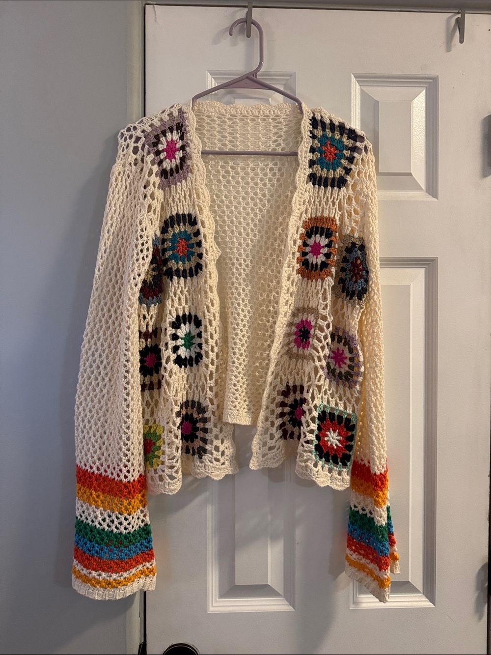 Cream Crochet Open-Front Sweater with Colorful Medallions